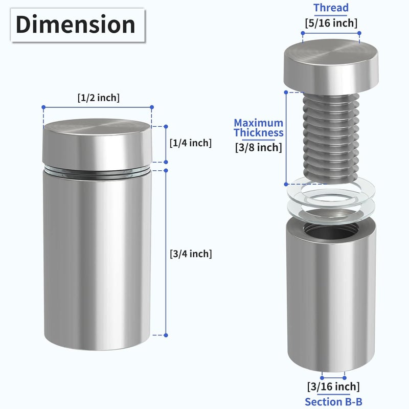 LuckIn 50-Pack Standoff Screws (1/2 in. Dia x 3/4 in. L), Stainless Steel Standoff Mounting Hardware for Acrylic Signs, Silver - Image 2